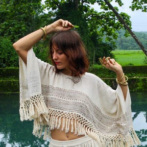 Eir Top , Handmade Boho Fringe Crop Top for Women in Natural Cotton, Wide Sleeve Festival Poncho Style Shirt ,Ethnic Pattern