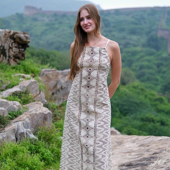 Pomona Boho Maxi Dress, Ethnic Tribal Print, Flowy Bohemian Sundress, Festival Vacation Outfit