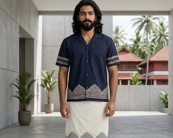 Men's Indigo Cotton Shirt, Geometric Print Camp Collar, Short Sleeve Button Up
