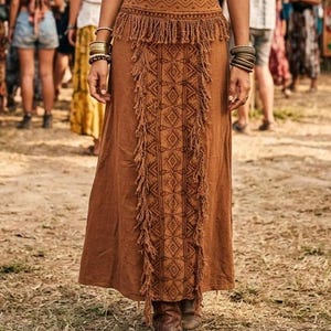 Cream Handblock Print Panel Fringe Detail High Waist Festival Skirt - Aira Skirt