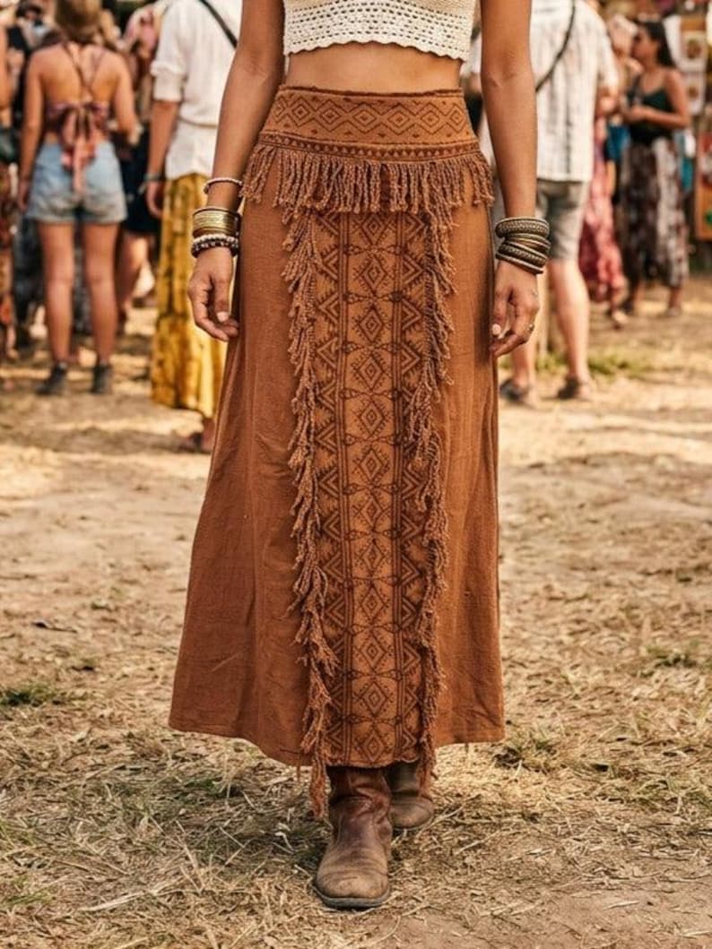 Cream Handblock Print Panel Fringe Detail High Waist Festival Skirt - Aira Skirt