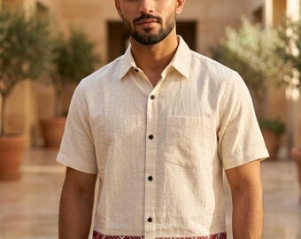 Prayan Shirt | Men's Boho Cotton Shirt | Embroidered Festival | Hippie Button Down