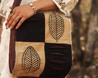 Hand Block Printed Cotton Sling Bag, Patchwork Leaf Crossbody Purse