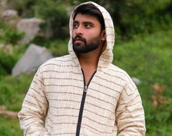 Striped Cotton Hoodie Jacket, Boho Zip Up , Unisex Travel Jacket, Festival Outerwear