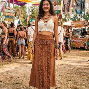 Cream Handblock Print Panel Fringe Detail High Waist Festival Skirt - Aira Skirt