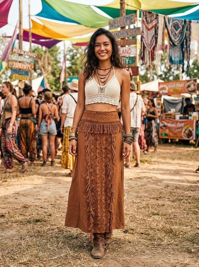 Cream Handblock Print Panel Fringe Detail High Waist Festival Skirt - Aira Skirt