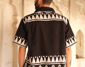 Black Tribal Shirt | Men's Short-Sleeve Button-Up | Brown Print Cotton | Boho Casual Top | The Black Tribal