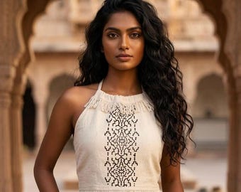 Boho Cotton Fringe Halter Top, Shipibo Inspired Print, Open Back Crop Top