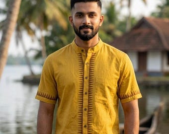 Mustard Mandarin Collar Button Up Shirt- Vanchi Shirt