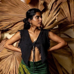 Haneil Tie-up Top ,Handmade Black Boho Crop Top , Sleeveless Tribal Shirt, Festival Clothing, Rustic Cotton Tank, Ethnic Minimalist Outfit