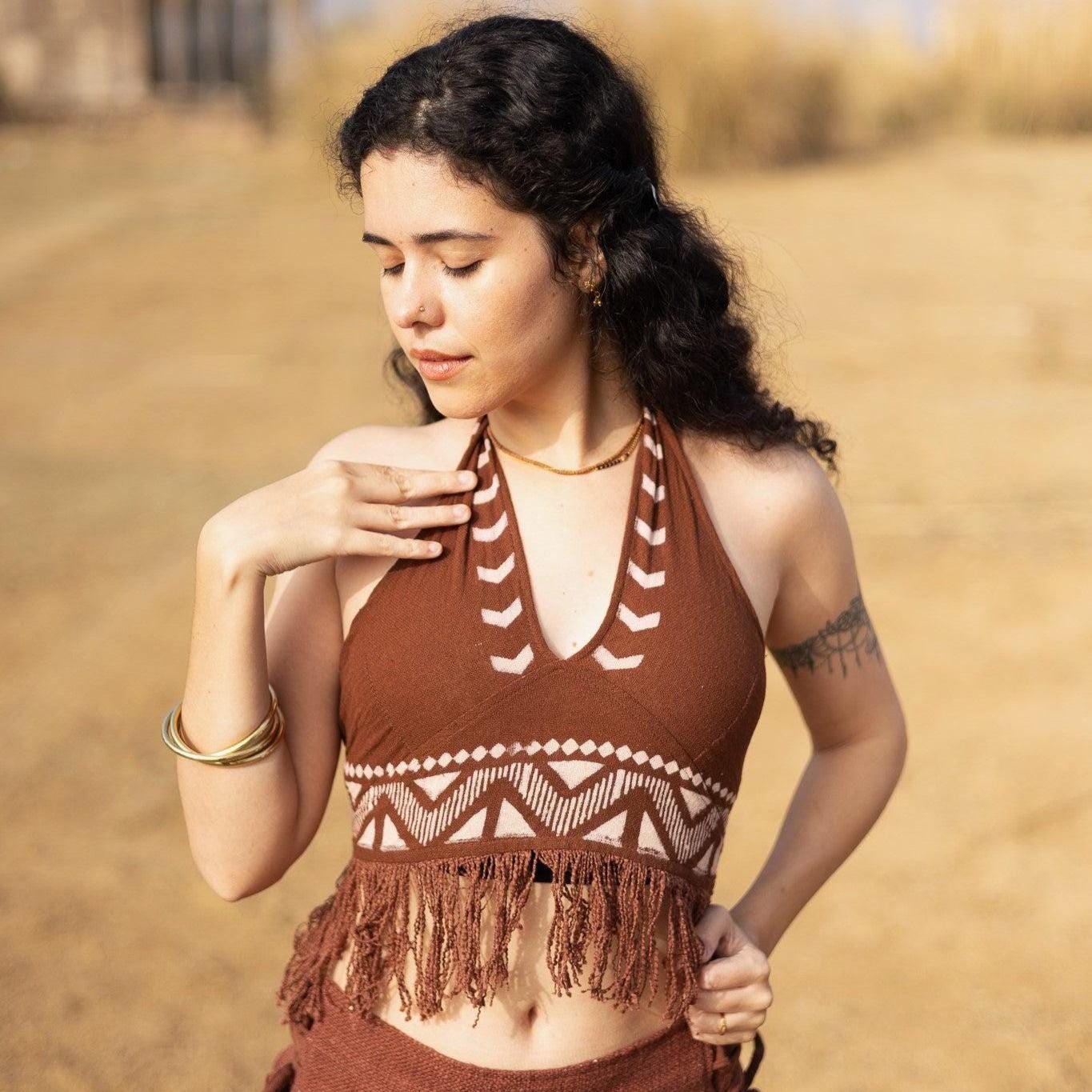 Handmade Knit Fringe Halter Top, Brown Tribal Boho Crop Top - Etsy