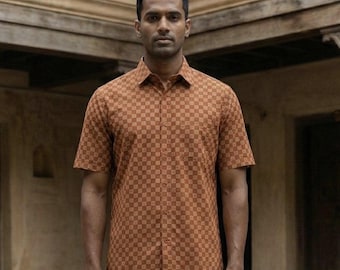 Brown Checkered Short Sleeve Button-Up Shirt – Vasudha Casual Smart Top