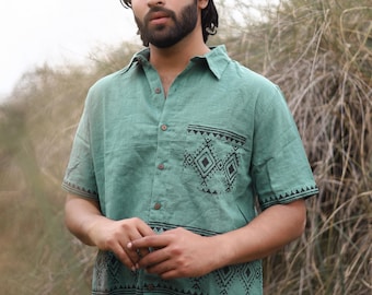 Camisa bohemia de algodón con estampado de bloques para hombre / Camisa hippie estilo festival con botones