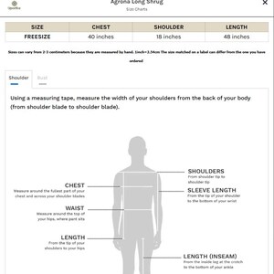 May include: Size chart for an Agrona Long Shrug, with measurements in inches. Includes chest, shoulder, and length dimensions. A diagram illustrates how to measure the body for accurate sizing, including shoulder width, chest, waist, and inseam.