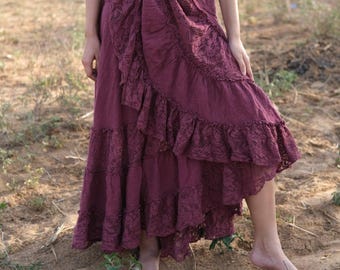 Boho Ruffle Lace Trim Wrap Skirt - Bohemian Hippie Style