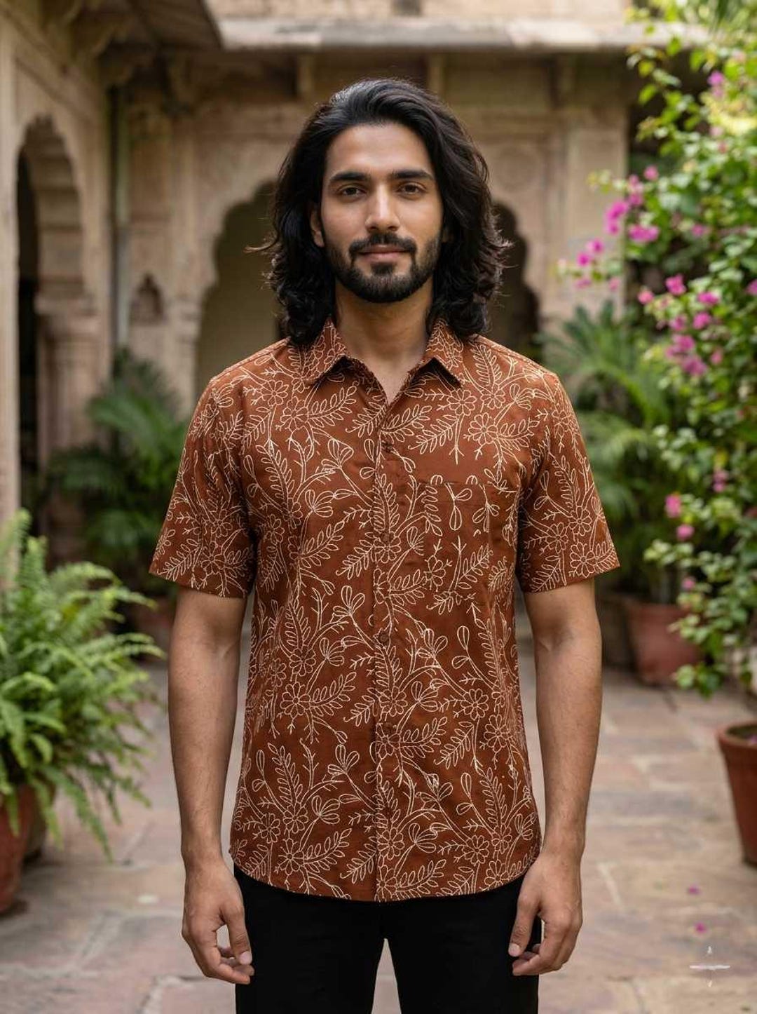 Hand Block Printed Cotton Shirt: Brown Floral Indian Kurta - Boho