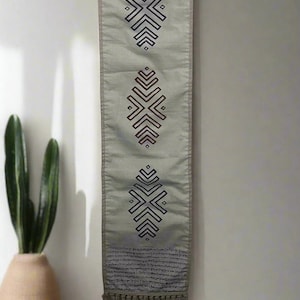 Mantra Wall Hanging ,Handcrafted Cotton Wall Hanging with Geometric Tribal Motifs and Fringe, Boho Minimalist Tapestry for Living Room
