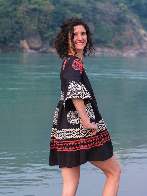 Tribal Print Mini Dress: V-Neck Flared Sleeve Boho Tunic