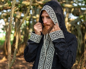 Men's Tribal Hoodie: Handblock Print, Boho Festival Jacket