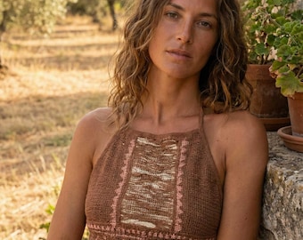 Handmade Purple Crochet Halter Crop Top, Boho Festival Knit Blouse