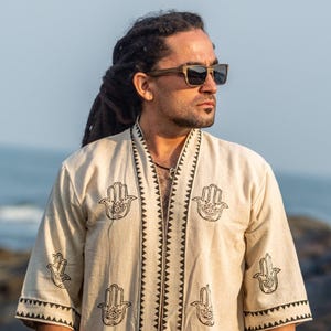 Hamsa-kimono, handgemaakte katoenen hamsa-kimono voor mannen – boho-tribal gewaad met open voorkant, handblokprint – festivalkleding