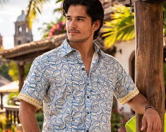 Tropical Print Short Sleeve Button Down Shirt - Y