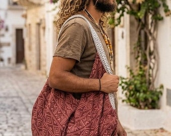 Boho Geometric Pattern Hobo Bag, Ethnic Inspired Slouchy Tote, Unisex Festival Bag