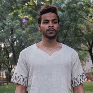 Desi Baggy Kurta ,Handmade Boho Men’s Cotton Shirt with V-Neck – Short Sleeve Festival Top Featuring Tribal Cutout Hem Design