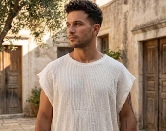 Handmade Double Gauze Cotton Vest, Oversized Unisex Top, Raw Edge Boho Shirt