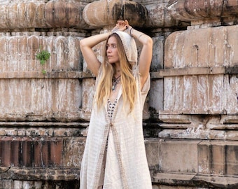 Agrona Long Shrug , Black Sleeveless Long Vest , White Trim Shrug, Boho Hippie Festival Coat, Ethnic Long Shrug, Unisex Bohemian Outerwear