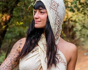 Daisy Print Hooded Shawl | Hand-Block Stamped Festival Wrap