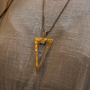 Triangle Quarts Necklace ,Handmade Gold Triangle Pendant Necklace – Hammered Brass Jewelry – Boho Statement Necklace for Women