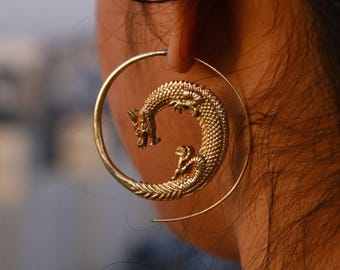 Brass Dragon Hoops | Tribal Spiral Earrings | Mythical Serpent Jewelry | Gold Gothic Ear Weights Style | Statement Hoops