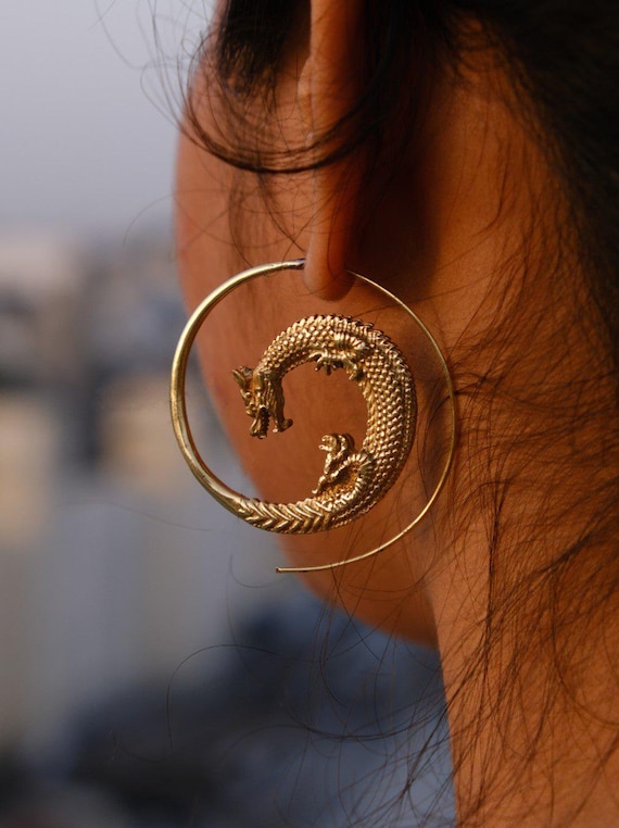 Brass Dragon Hoops | Tribal Spiral Earrings | Mythical Serpent Jewelry | Gold Gothic Ear Weights Style | Statement Hoops