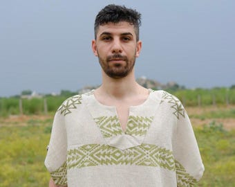 Mens Kurta Block Print Shirt | Green Geometric Hand Block Printed Boho Tunic | Unisex Festival Ethnic Top