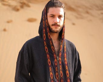 Boho Festival Hoodie - Men's Zip Up Jacket with Tribal Print Trim