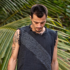 Shipibo Tank top ,Handmade Black Boho Sleeveless Shirt for Men, Tribal Print Fringed Tank Top, Organic Cotton Festival Vest, Summer Clothing