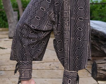 Tribal Print Cotton Harem Pants, Loose Fit Boho Yoga Festival Trousers