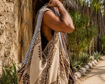 Boho Tribal Print Hobo Bag, Earth Tone Geometric Shoulder Tote (Spacious)