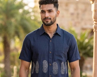 Men's Boho Cotton Shirt, Tribal Print Button Down, Ethnic Indie Beach Top