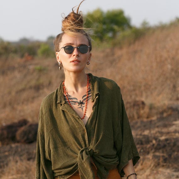 Boho Olive Green Crinkled Cotton Shirt, Oversized Button-Down