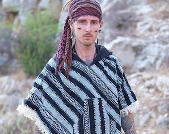 Handmade Nepali Cotton Poncho | Boho Tribal Festival Hooded Layer
