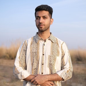 Camisa de algodón bohemia hecha a mano con estampado tribal en bloques, unisex, para festivales