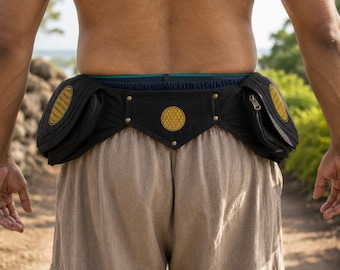 Canvas Waist Belt | Festival Utility Multi-Pocket | Brass Buckle Boho Rave Fashion