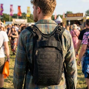 Puede incluir: Una mochila negra con un patrón geométrico es llevada por una persona entre la multitud. La mochila tiene un bolsillo frontal con cremallera y correas ajustables. La persona lleva una camisa a cuadros. El fondo muestra un festival con gente y banderas coloridas.