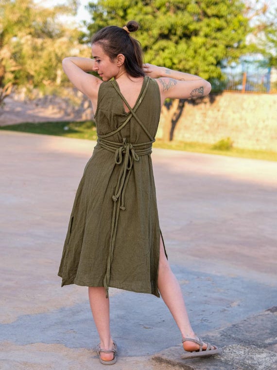 Olive Green Boho Midi Dress: Sleeveless V-Neck Summer Festival Outfit