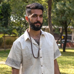 Brahma Shirt- Handmade Cotton Men’s Boho Shirt with Tribal Patterned Sleeves, Ethnic Short Sleeve Button Up Shirt