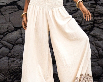 Medusa Palazzo Pants ,Boho Wide Leg Cotton Palazzo Pants for Women, Handmade Cream Flowy Trousers with Tribal Print