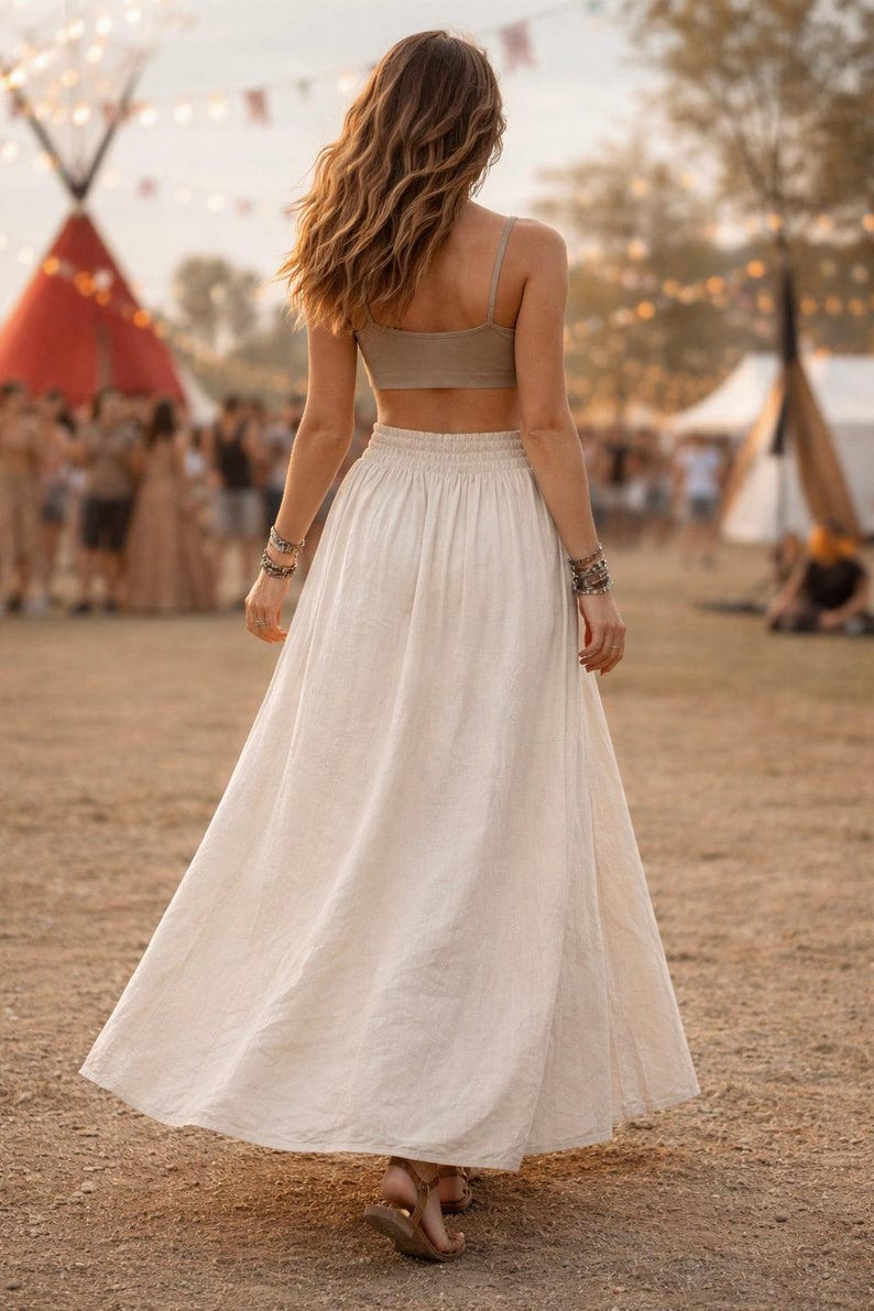 Cream Handblock Print Panel Fringe Detail High Waist Festival Skirt - Aira Skirt