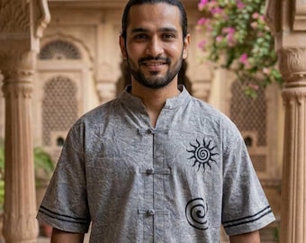 Mandarin Collar Short Sleeve Ethnic Grey Shirt -Tribal Japanese Shirt